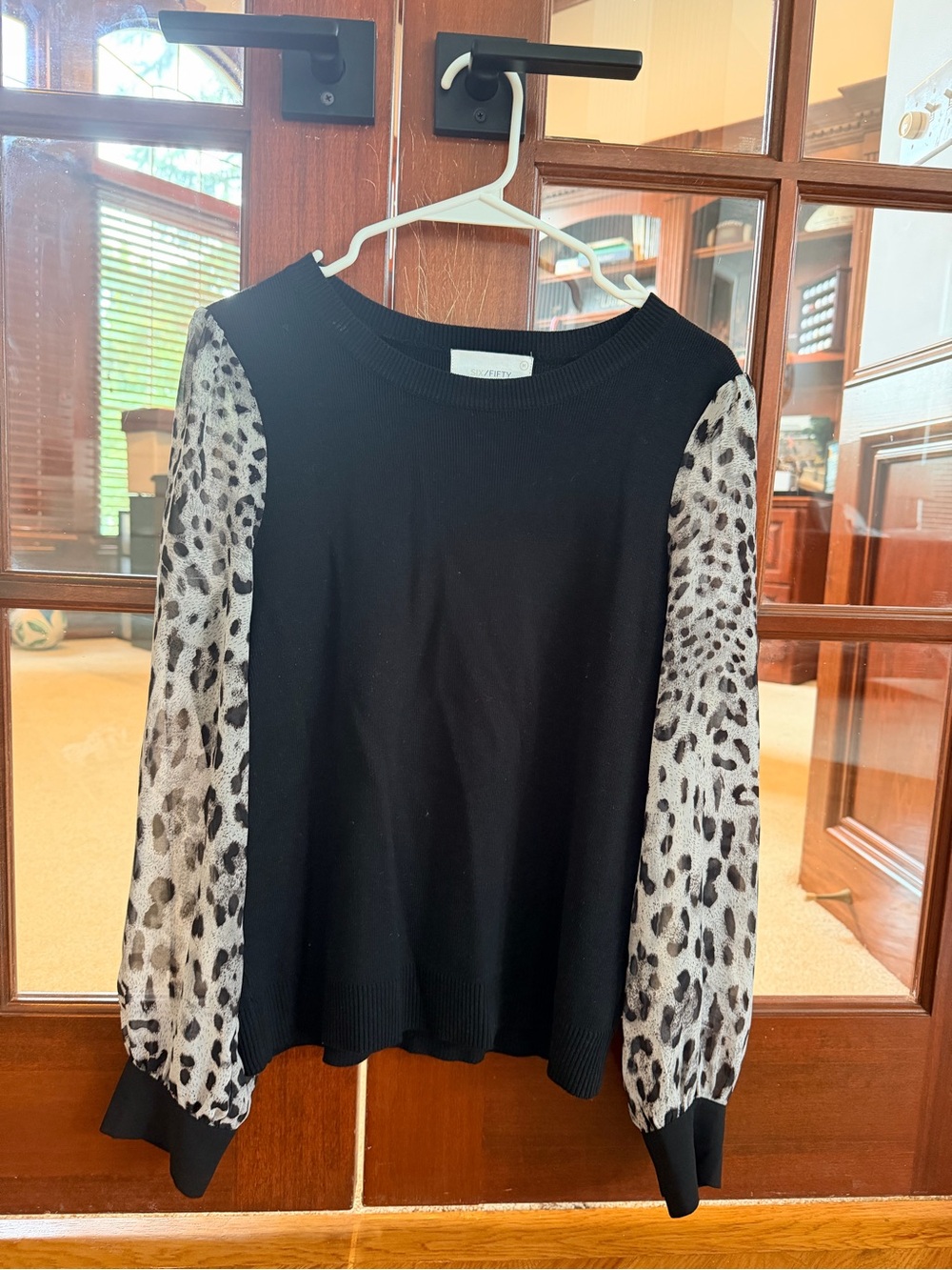 Black Sweater Top with Leopard-Print Puff Sleeves - Ladies